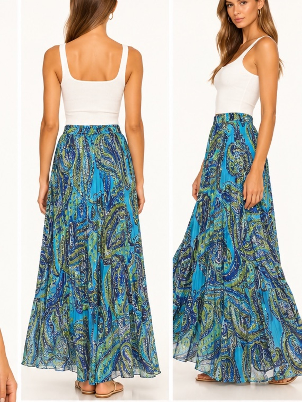 CHAPS Blue Green Paisley Pleated Maxi Skirt Elastic Waist XS
